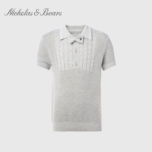 力高芘熊2023夏季新款男童纯棉polo领短袖针织T恤经典麻花毛衣短T