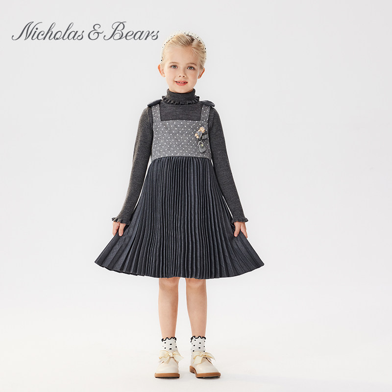 力高芘熊连衣裙女童简约无袖背心裙秋冬新品女宝宝裙子百褶裙VI