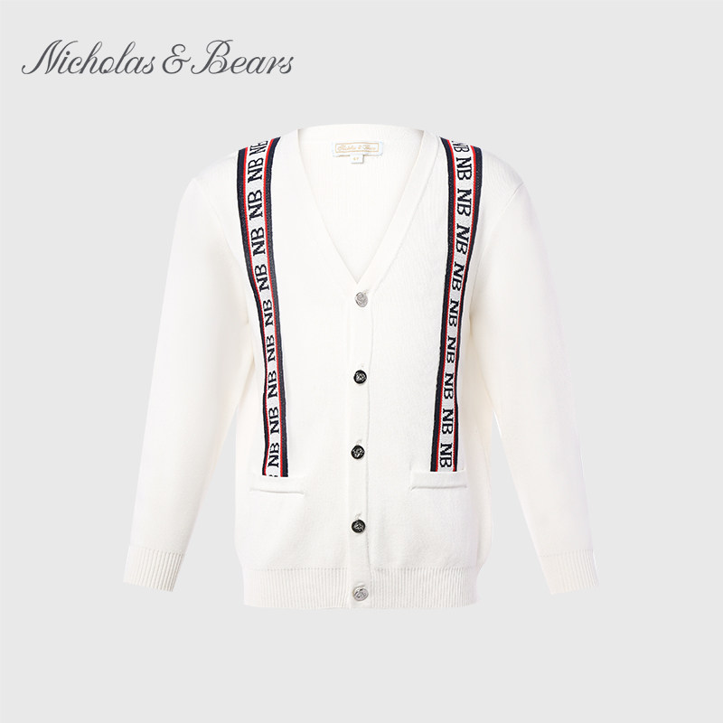 力高芘熊2023新品男童针织开衫白色外套帅气学院风毛衣外套春秋款