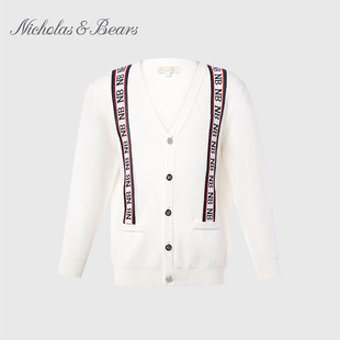 力高芘熊新品男童针织开衫白色外套帅气学院风毛衣外套春秋款VI