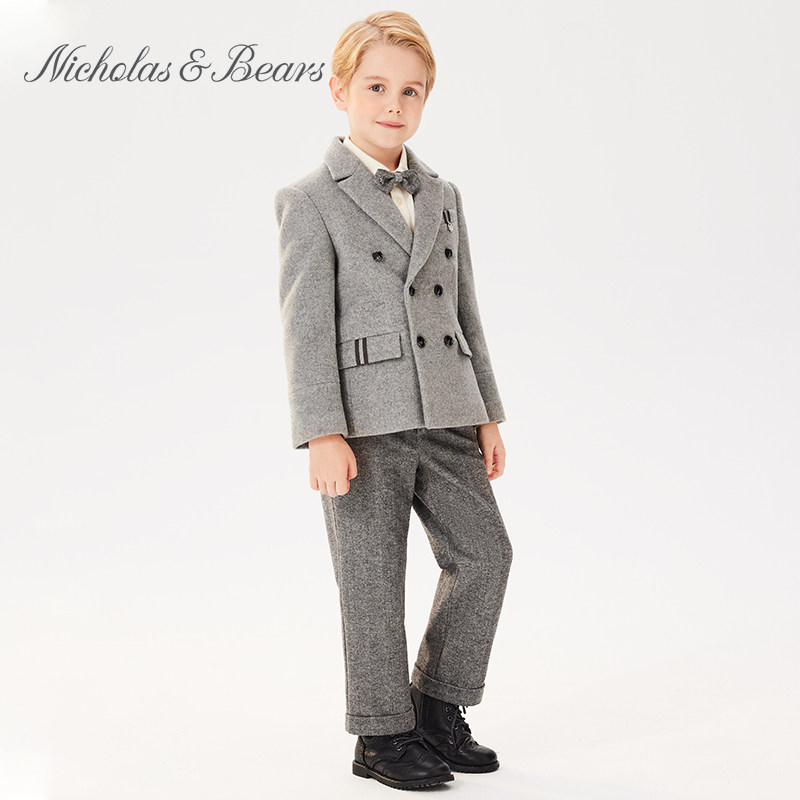 力高芘熊2023年秋冬新款男童西装羊毛外套派对礼服绅士毛呢上衣