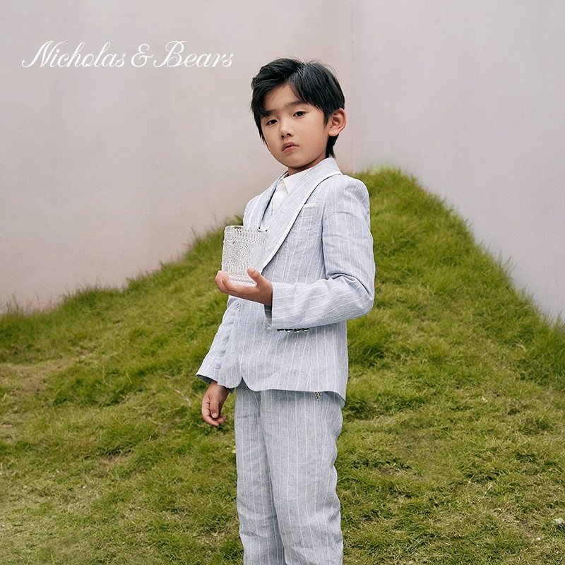 力高芘熊男童春秋装条纹西装外套裤子绅士风时尚帅气休闲西服套装