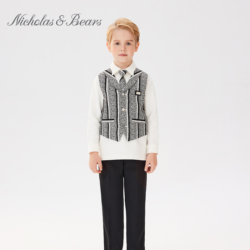 力高芘熊儿童长袖T恤2023新款男童衬衫假背心连领带上衣帅气春秋