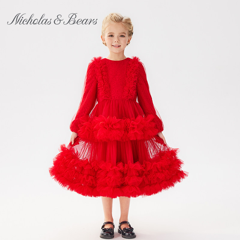 力高芘熊儿童礼服女童新年红连衣裙双重网纱女孩高端演出服主持人