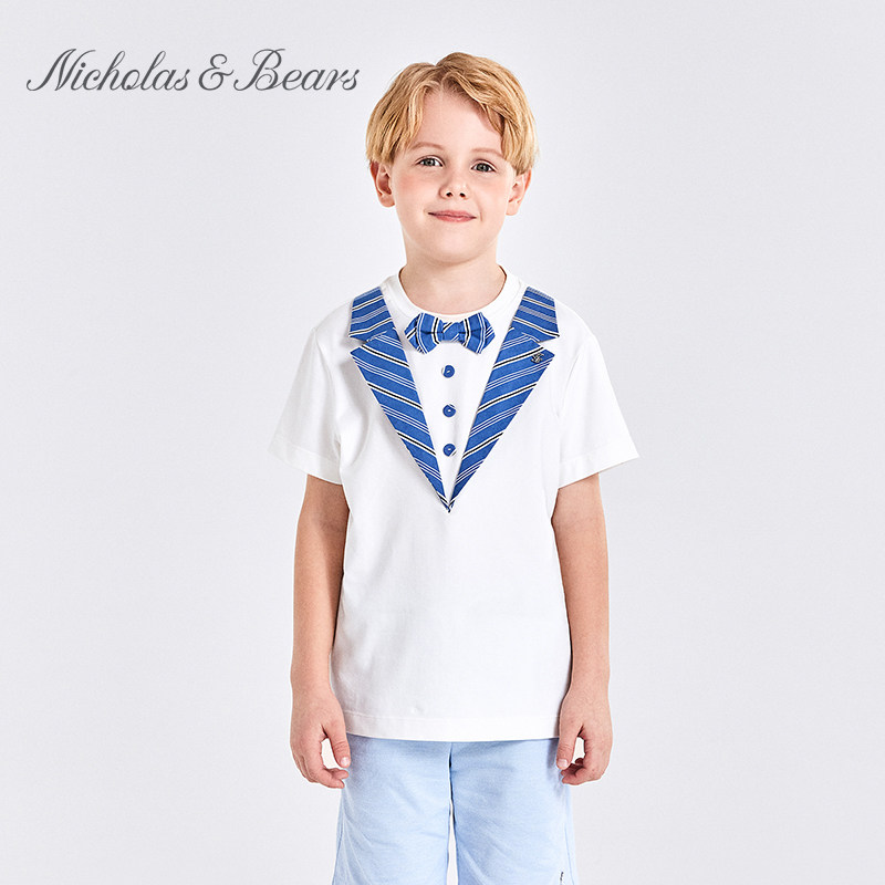 力高芘熊夏季新品男童简约精致绅士领西装领趣味休闲短袖T恤VI