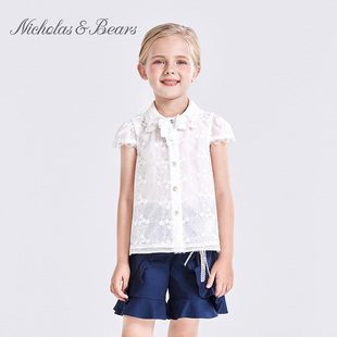 力高芘熊2023新款女童蕾丝花朵上衣蝴蝶结设计公主短袖白色衬衫夏