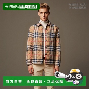 欧洲直邮自营BURBERRY博柏利 灰褐色棉质网格纹长排扣棉服情 男士