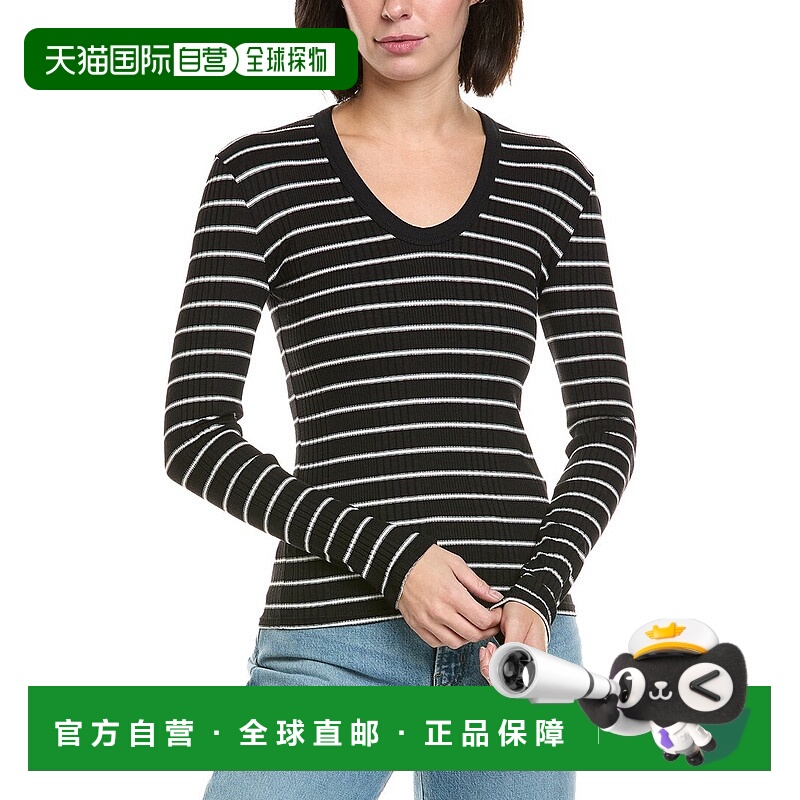 自营perfectwhitetee Rib Stripe Luxe U-Neck T-Shirt - black