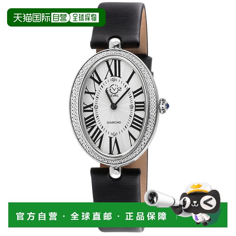 自营 GV2 Piazza Navona女式瑞士钻石黑色手工意大利皮革表带-银