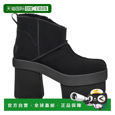 自营欧洲直邮UGG24新款 女士黑色麂皮鞋面防臭鞋垫防滑徽标高跟短