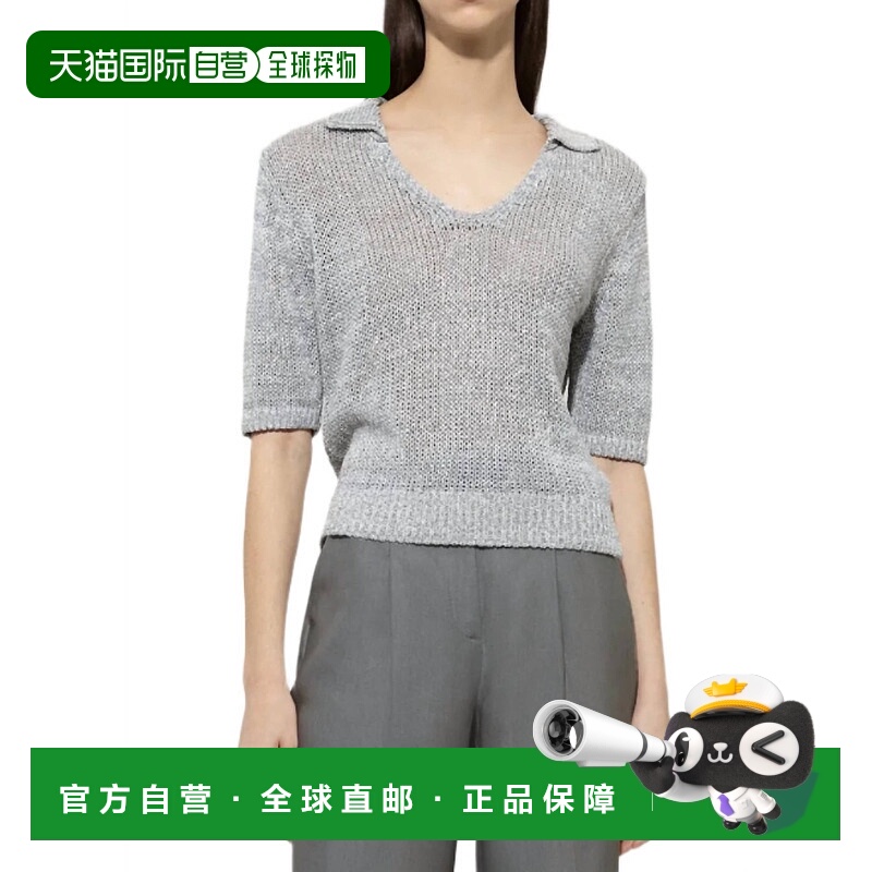 自营luisa ceranoLinen Blend Polo Top In Silver Gray 美国奥莱