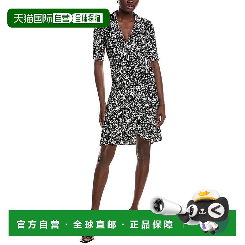 自营GANNI Printed Crepe Wrap Dress - black 美国奥莱直发