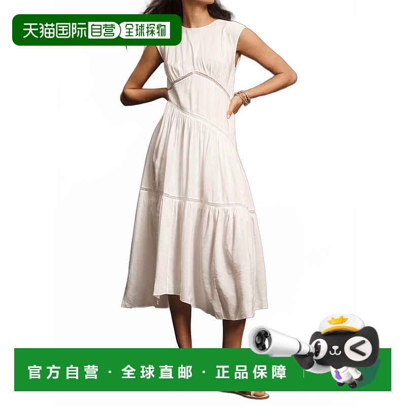 自营frameGathered Seam Lace-Inset Linen Midi Dress In White