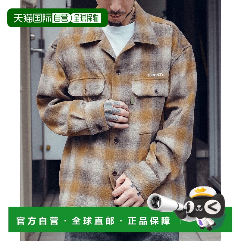 1h可退 日本直邮Subciety 男女同款 羊毛渐变格子衬衫 无领衬简约
