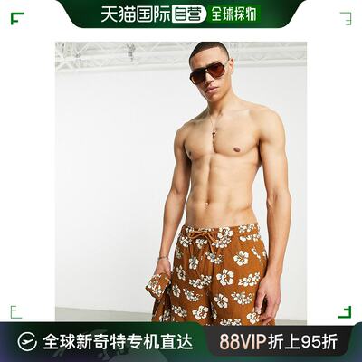 香港直邮潮奢 ASOS 男士co-ord 设计宽松亚麻中长印花棕色短裤