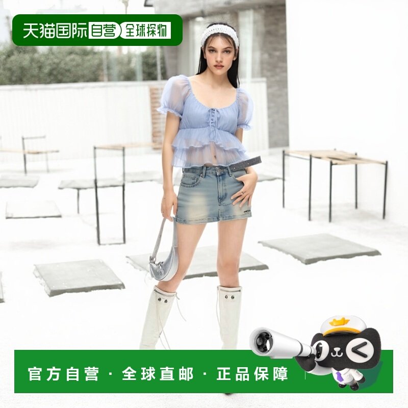 日本直邮日潮 GRL 蝴蝶结泡泡袖荷叶边上衣  cb1284短款牛仔裤