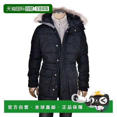 自营 Eleventy迷彩尼龙羊毛外套，带可拆卸土狼毛皮镶边兜帽-蓝色