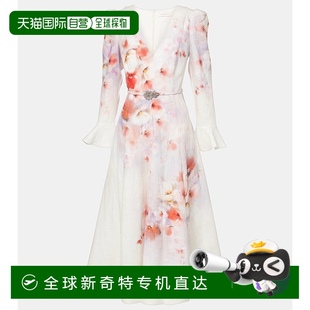 001327 香港直邮潮奢 ZIMMERMANN 女士 褶皱精饰亚麻中长连衣裙