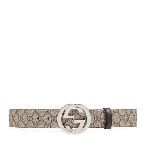 GUCCI/古驰 经典款男士米色帆布银色双G扣腰带宽度4CM