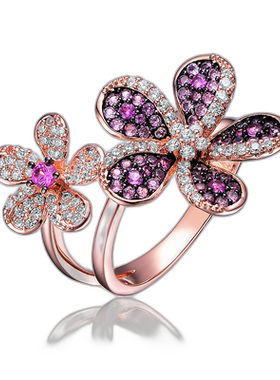自营 genevive纯银玫瑰金和镀黑多色立方氧化锆花卉戒指 - 多色