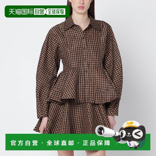 1h可退 香港直邮GANNI 甘尼 女士 方格棉布收腰衬衫(棕/黑) A1040
