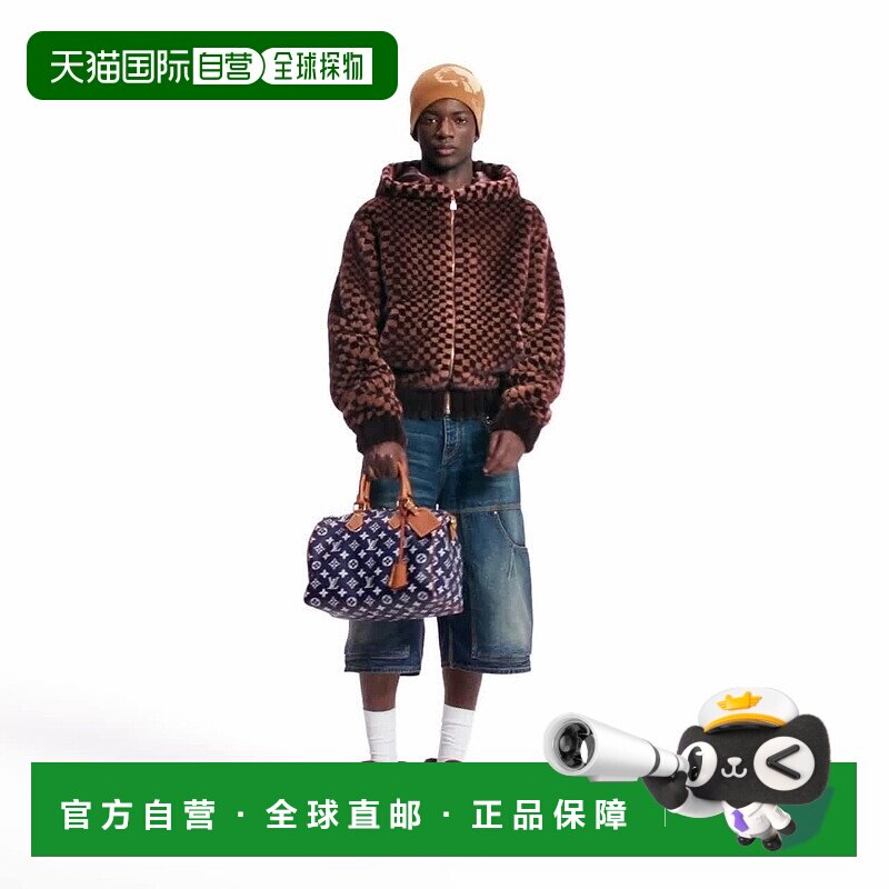 自营1h可退 欧洲直邮LV路易威登 Damier男士棕色水貂毛棋盘格连帽