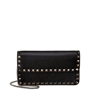 Valentino Rockstud 美国奥莱 粒面皮革链条钱包 黑色 直发