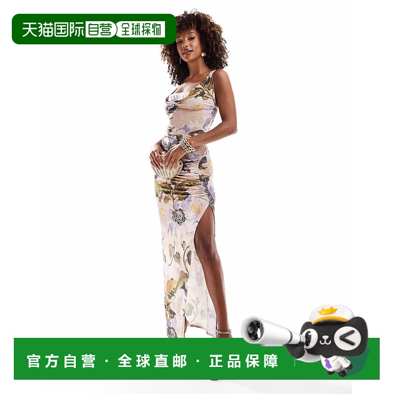 1h可退 香港直邮ASOS 女士 设计斗篷式背部交叉带印花长款连衣裙