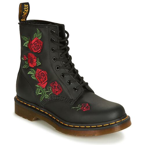 欧洲直邮dr. martens 女黑色平底玫瑰刺绣8孔时尚休闲复古马丁靴