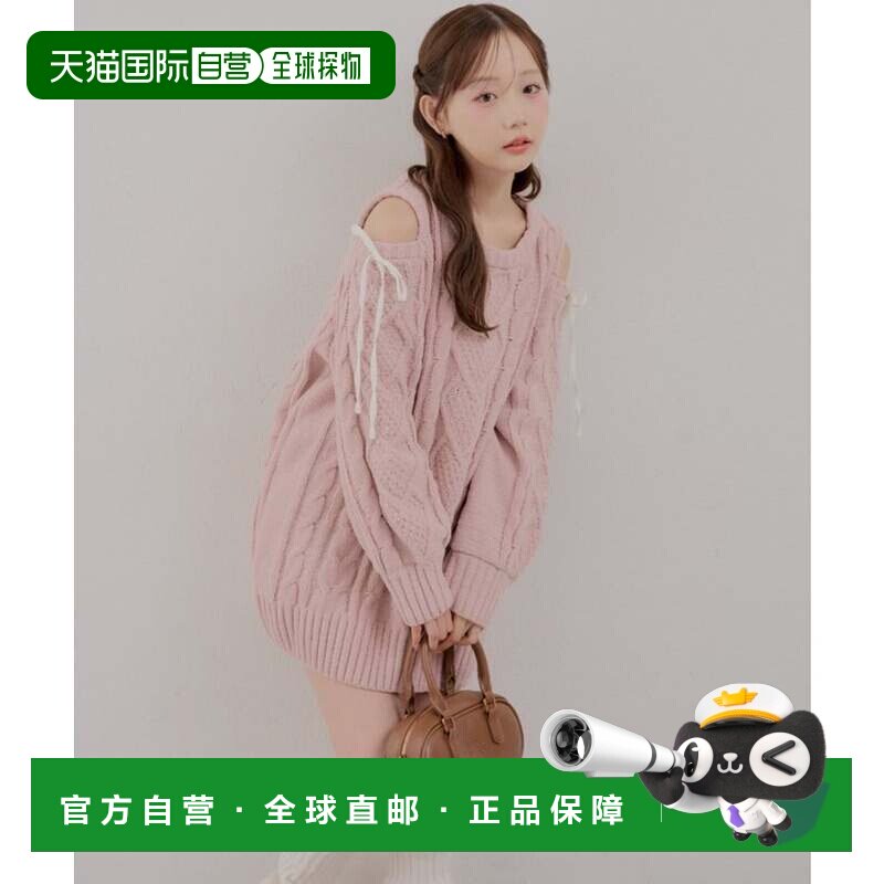 日本直邮NICE CLAUP 心形电缆肩开蝴蝶结针织连衣裙 粉色