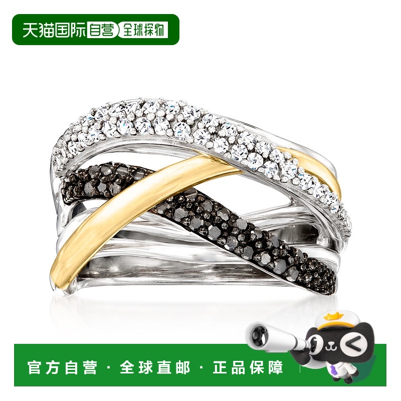 自营 925 纯银和 14 克拉黄金 Ross-Simons 黑白钻石公路戒指 -