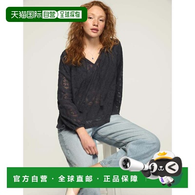 自营lucky brandLucky品牌女装长袖蕾丝农家上衣-深蓝色 美国奥莱