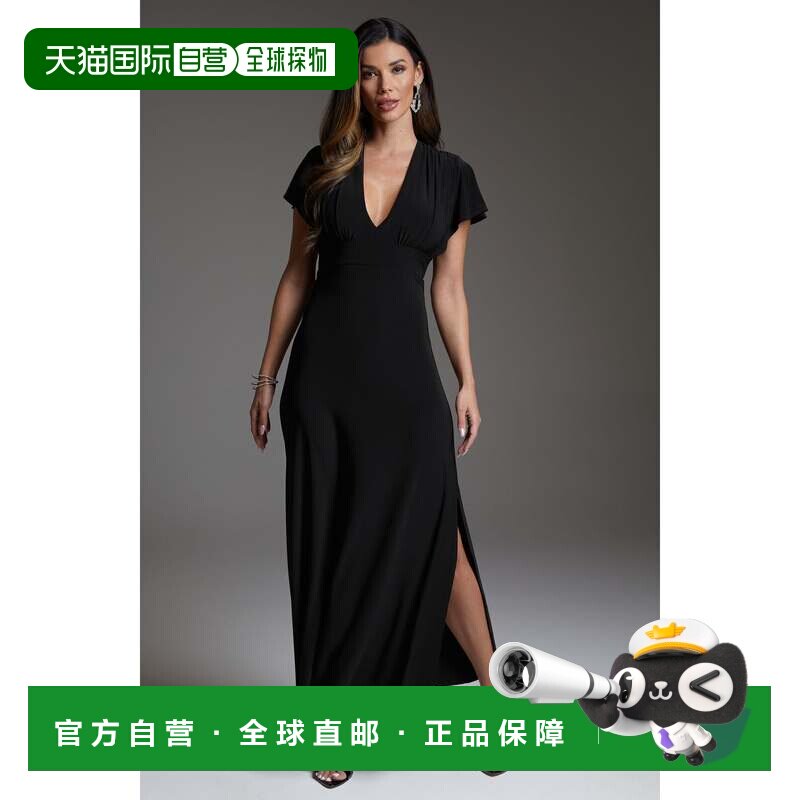 自营Bebe女式帽子袖V领全长裙-黑色 美国奥莱直发连衣裙