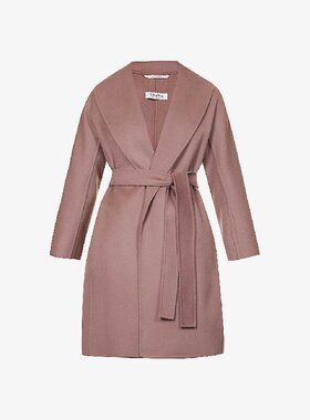 MaxMara麦丝玛拉 MESSI女款黑色紫色中长款翻领系带纯羊毛大衣