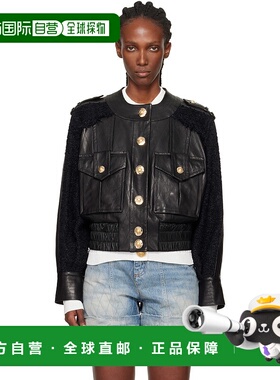 香港直邮Balmain 巴尔曼 女士 黑色粗花呢和皮革棒球夹克 FF1TF50