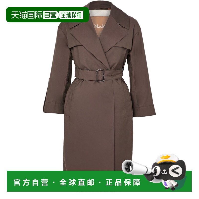 自营欧洲直邮MAX MARA 女士巧克力色棉质混纺系带长袖风衣