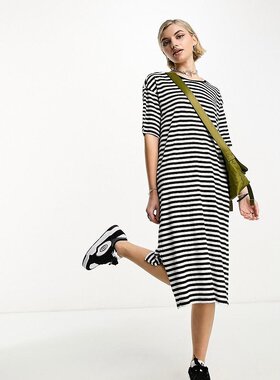 潮奢 Noisy May 女士 Noisy 五月中长条纹T恤式连衣裙(黑色/白色)