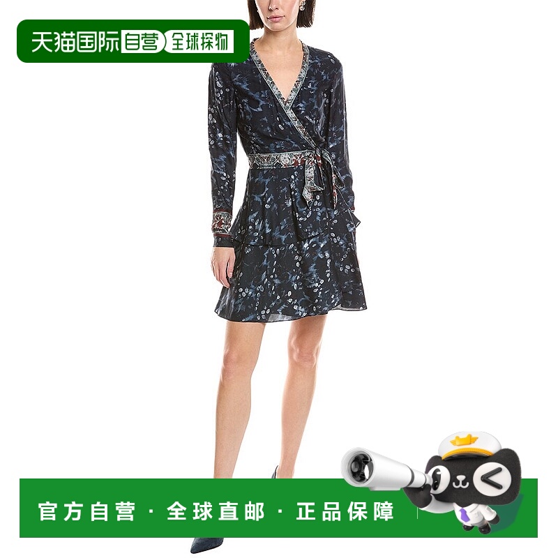 自营Marchesa Notte Printed V-Neck Mini Wrap Dress - blue 美