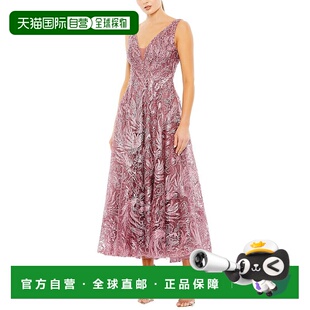 自营Mac Duggal装饰V领连衣裙-粉红色 美国奥莱直发