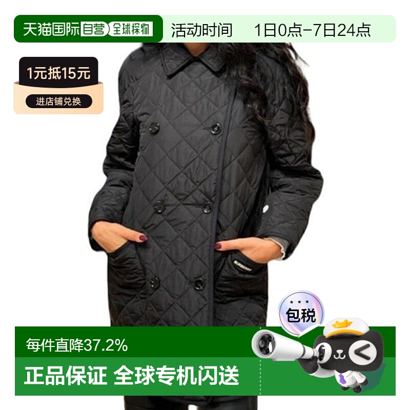 【自营】欧洲直邮BURBERRY博柏利女士黑色字母印花翻领双排扣棉服