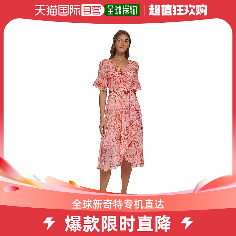 香港直邮潮奢 Dkny女士V领三排扣打褶袖子人造缠绕式连衣裙