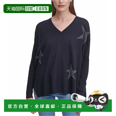自营dknyGlitter Star Print V-Neck Pullover Sweater In Navy -