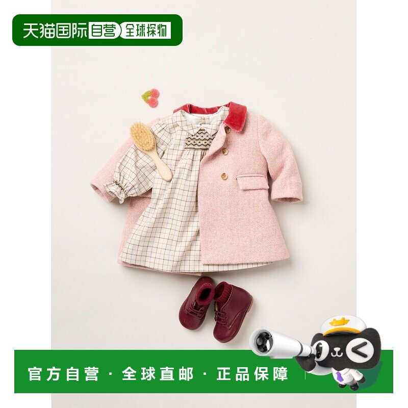 欧洲直邮Bonpoint小樱桃 Moka女婴粉色羊毛丝绒领大衣外套