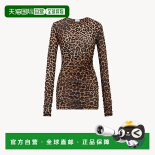 自营欧洲直邮YSL圣罗兰 女士豹纹色聚酰胺圆领长袖连衣裙短款