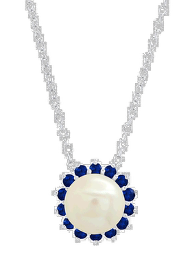 自营 max + stone9 毫米纯银养殖珍珠和人造蓝宝石吊坠项链 - 人