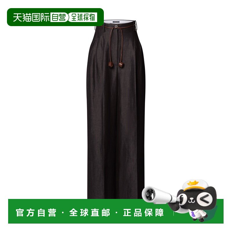 自营欧洲直邮LV路易威登 女士棕黑色羊毛亚麻混纺腰带长裤阔腿裤