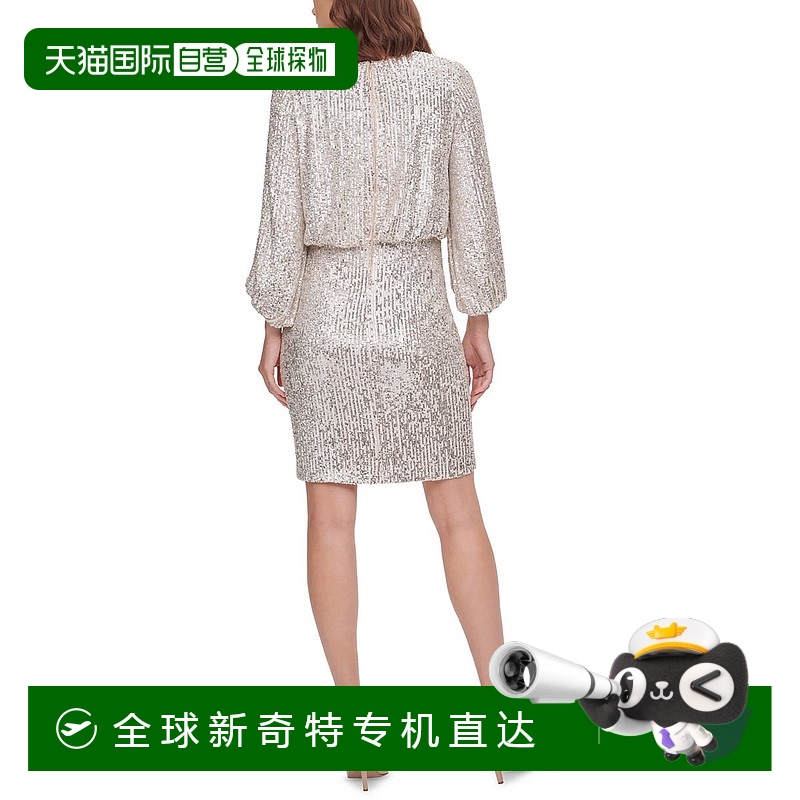 自营eliza jWomens Sequined Stretch Fit& Flare Dress- silve