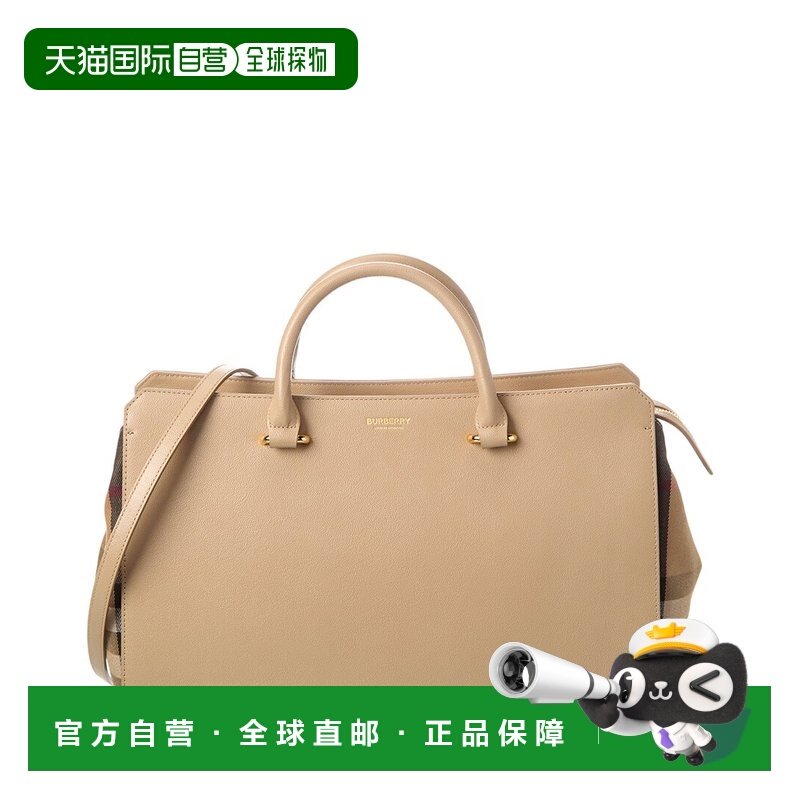 自营 Burberry Banwell中号格子帆布和皮革手提包-米色 美国奥莱,箱包皮具/热销女包/男包,通用款女包,淘宝优惠券,粉丝福利购,淘宝优惠卷