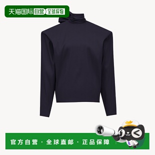 自营欧洲直邮YSL圣罗兰 女士海蓝色丝绸长袖立领针织衫女装上衣