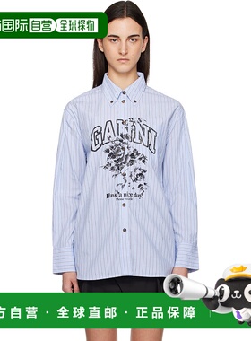 1h可退 香港直邮潮奢 GANNI 甘尼 女士 蓝色 Stripe Logo 衬衫 W0